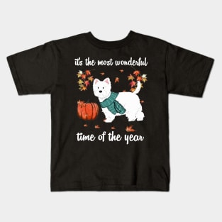 Westie Dog Autumn Fall Most Wonderful Time Maple Gift Kids T-Shirt